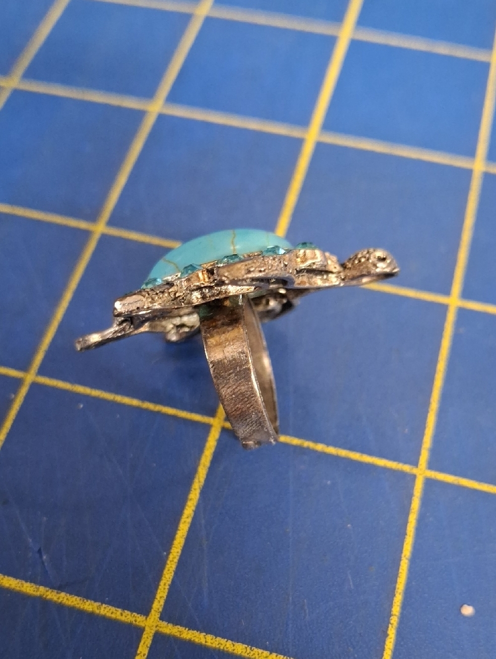 Turtle Rhinestone Silver Tone Adj Turquoise Ring - Picture 3 of 5